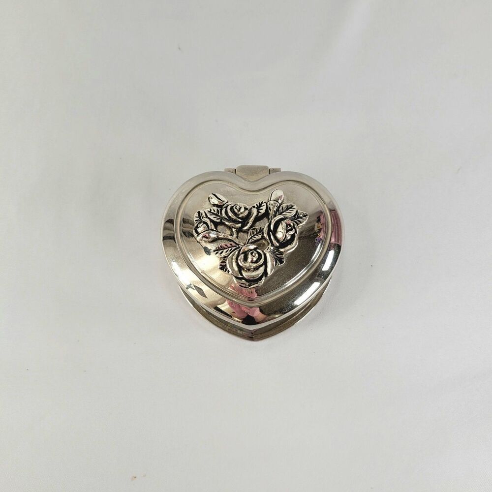 VTG Silver Plated Heart Trinket Jewelry Box Floral Roses Red Velvet Art Nouveau
